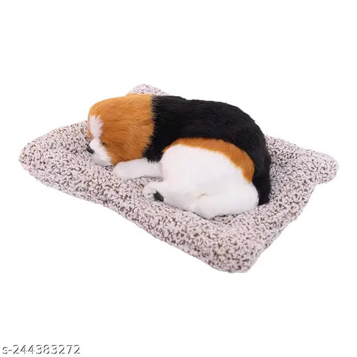 Black and brown soft sleeping puppy plush toy for car dashboard home and office decor, made of artificial hair and cotton