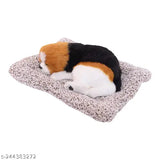 Black and brown soft sleeping puppy plush toy for car dashboard home and office decor, made of artificial hair and cotton