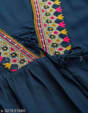 Blue Rayon Nayra Cut Kurti - Trending Embroidered Women's V-Neck Kurti with Short Sleeves, India Origin