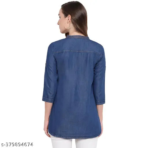 Dark blue denim tunic, three-quarter sleeves, stylish women's wear from Ayrin, India