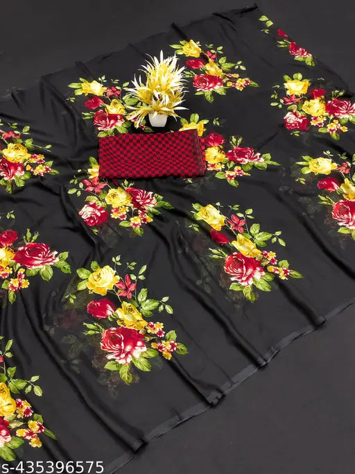 Floral Print Georgette daily wear saree with separate blouse, embroidered & embellished