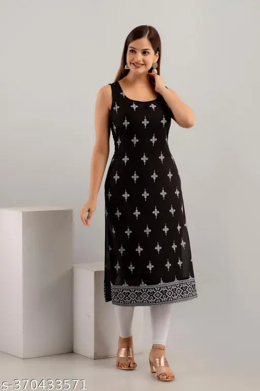 Women's printed rayon sleeveless kurti in vibrant Indian print, suitable for various sizes S-XXXL