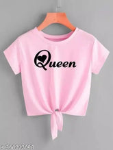 Pink Lycra short-sleeve top with pink queen heart printed design, size S (bust 32in, length 18in)