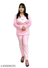 Baby pink women's woolen winter night suit, long-sleeved pyjama set for babies, Indian handcrafted solid wool nightwear