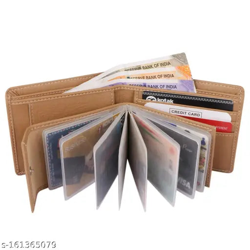 Beige faux leather JnD mens album wallet, durable design with 11 card slots, free size (12cm x 9cm), made in India
