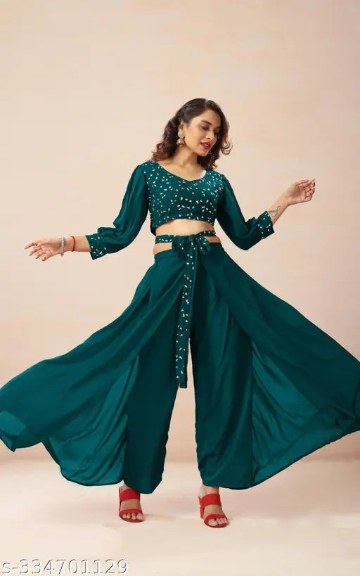 Stylized Georgette crop top & palazzo set, embellished with thread embroidery & sequins - Women's Indian fashion