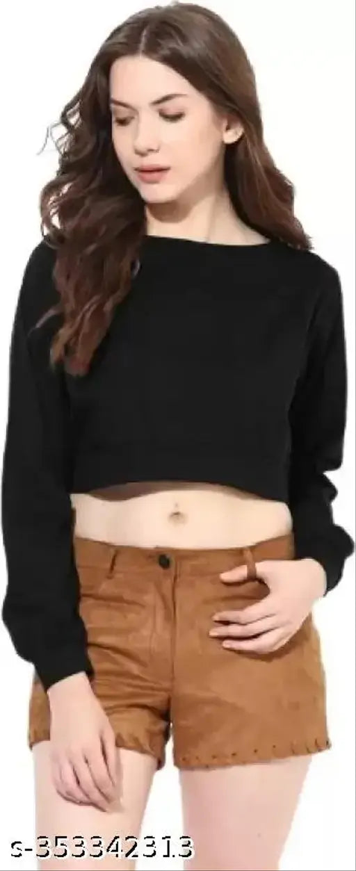 Black cotton blend crop top with long sleeves, solid round neck for women's fashion
