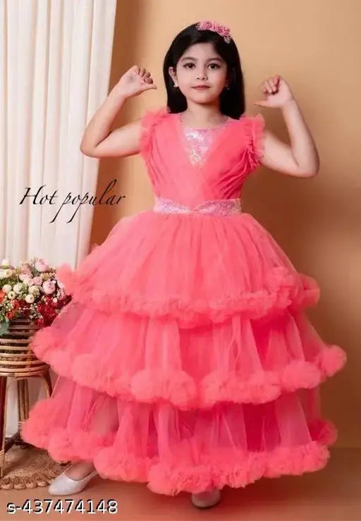 Festive red net embellished frock dress for girls, perfect party wear