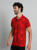 XFOX men's printed cotton blend red short sleeved t-shirt, fashionable athletic fit for M, L, XL, XXL sizes