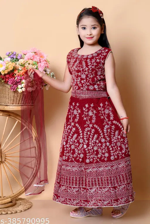 Velvet embroidered Lehenga Cholis for kids, showcasing opulence and elegance, 3-4 Years - India