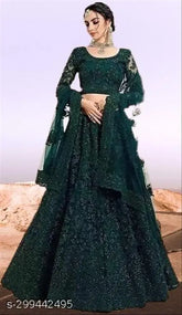 Indian embellished lehenga set in net fabric, semi-stitched (size 46x42in), featuring embroidered top, bottom, and dupatta for festive or wedding parties