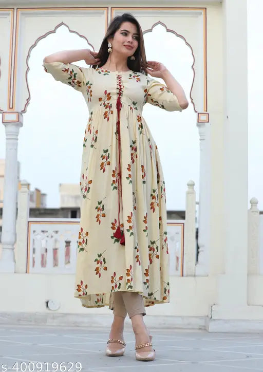 Premium rayon flared Aline kurta, printed pattern, three-quarter sleeves. Women & girls' clothing from India