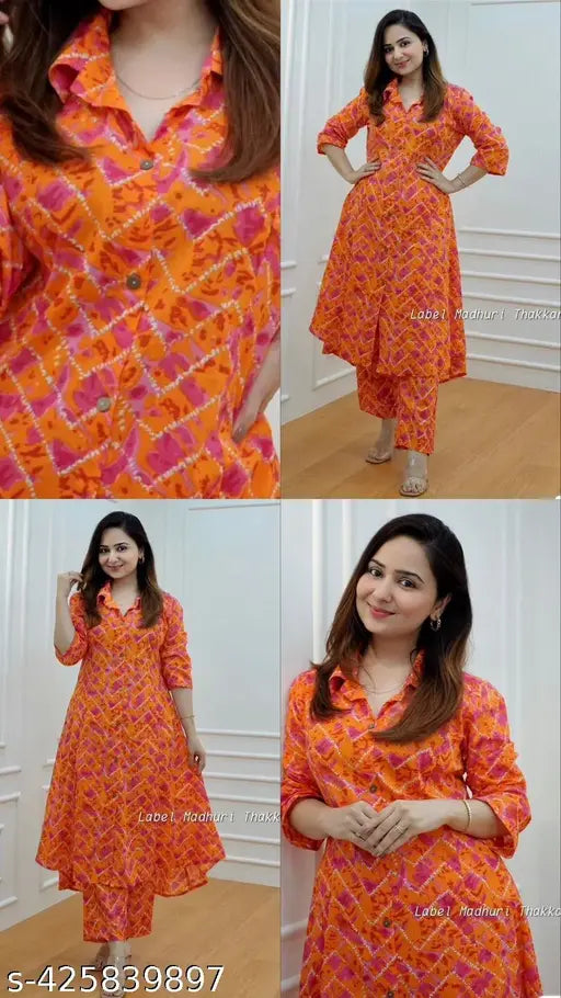 Viscose rayon ethnic women's kurta plazzo set with coordinating pants, printed and cotton blend, three-quarter sleeves