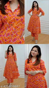 Viscose rayon ethnic women's kurta plazzo set with coordinating pants, printed and cotton blend, three-quarter sleeves