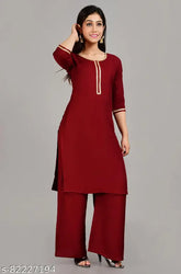 Maroon rayon straight kurta with palazzo set, solid net, three-quarter sleeves, Indian women's fashion