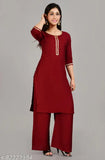 Maroon rayon straight kurta with palazzo set, solid net, three-quarter sleeves, Indian women's fashion