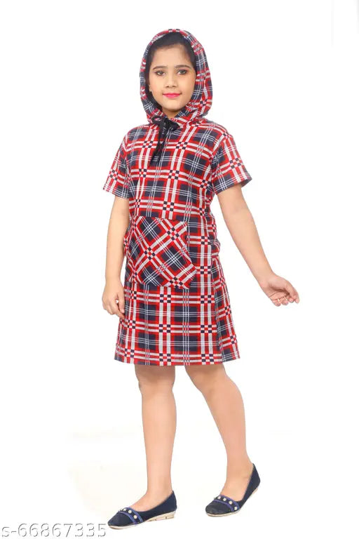 Cotton red checked printed hoodie dress by SOUNIK FASHION SDS for casual everyday wear