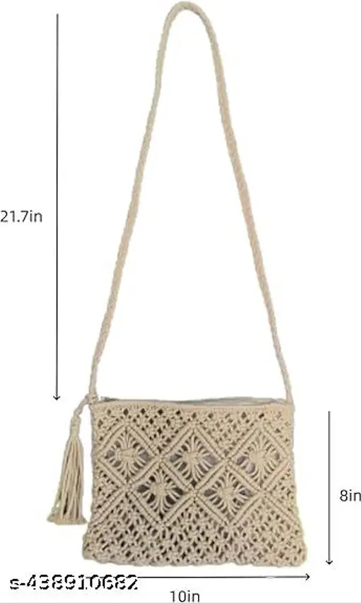 Handcrafted cotton macrame Boho purse with tassel, boho crossbody bag featuring one compartment and self-design pattern, ideal for summer beach outings, made in India