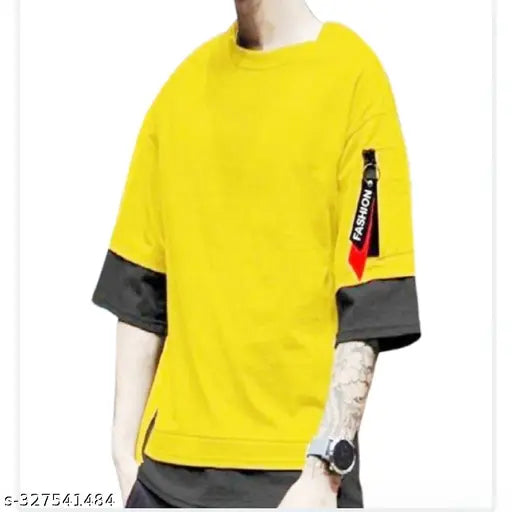 Solid cotton blend round neck t-shirt for men in trendy casual style, three-quarter sleeves, India origin