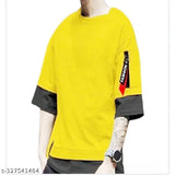 Solid cotton blend round neck t-shirt for men in trendy casual style, three-quarter sleeves, India origin
