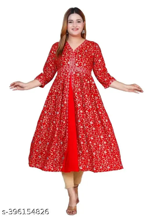 Red viscose rayon anarkali kurti with dupatta, embroidered pattern and three-quarter sleeves. India made