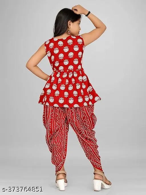 Cotton printed foil print Kurta and Dhoti set with dupatta for girls, sleeveless labdhi fashion top and dhoti in various sizes from 4-5 to 13-14 years, Indian traditional attire on display