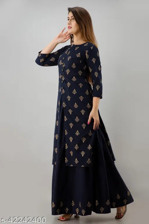 Blue and gold cotton rayon blend straight kurta skirt by IRIDAA JAIPUR, three-quarter sleeves, printed net pattern