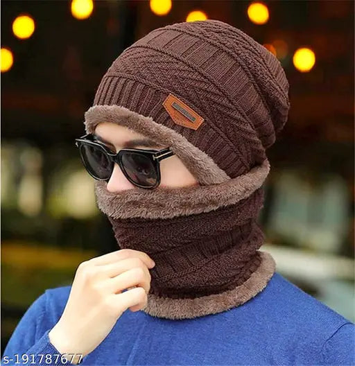 Brown woolen beanie cap set with neck muffler scarves for men and women (Kitchen4U)