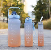 Multicolor motivational water bottle set with time markers, durable, leakproof, non-toxic, suitable for office, school, gym - features a flip top lid, silicone straw, and carry strap. Made in India