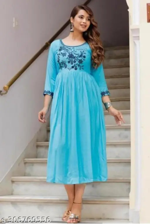 RM Blue embroidered rayon blouse with three-quarter sleeves, multiple sizes available for women's fashion