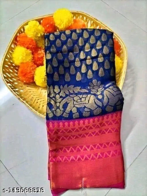 Brasso printed chiffon saree, free size Indian zari woven blouse on mannequin