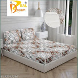 Brown glace cotton fitted bedsheet with 2 pillow covers by Swami Fabrics, geometric print on elastic soft and attractive bedding ideal for summer season, adult mattresses, easy care instructions included