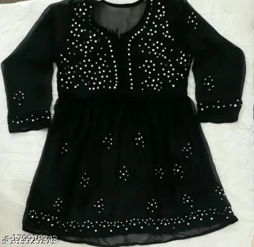 Red Georgette Long-Sleeve Chikankari Frock Top/Kurti Top, Indian Lucknowi design