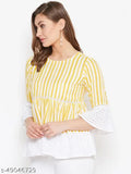 Striped Rayon top for women's casual & office wear, three-quarter sleeves, WineRed and Yellow, lightweight and breathable, ideal for movie nights with friends