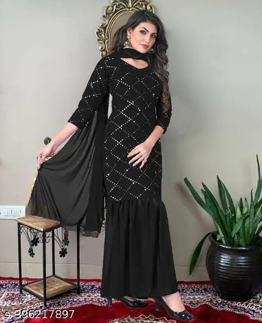 Women's Georgette Sharara Kurta Set, printed three-quarter sleeve set with bottomwear, single size XS - XXL, from India