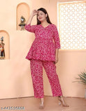 Pink premium rayon co-ord set: women's printed top & pants, trendy three-quarter sleeves, cotton blend fabric, India origin