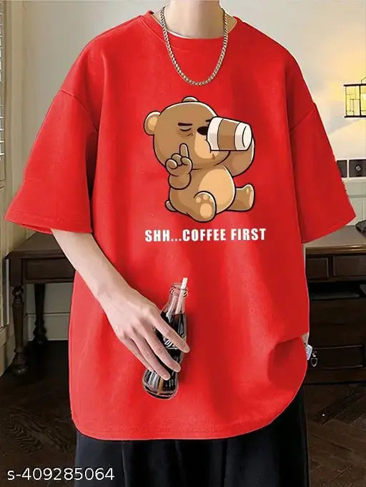 Coffee First red unisex oversized t-shirt, cotton blend with three-quarter sleeves, printed design for men and women, size M on display