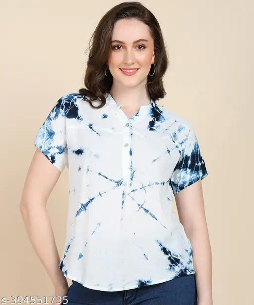 Tie-dye Rayon top, short sleeves, vibrant colors, Indian-crafted fashion