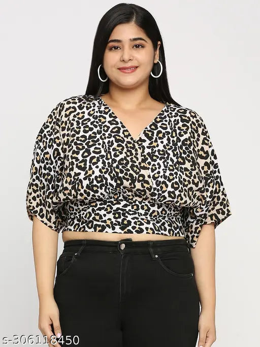 Animal print polyester smart casual crop top, short sleeves, smocking band, V-neckline, India origin