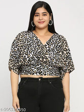 Animal print polyester smart casual crop top, short sleeves, smocking band, V-neckline, India origin