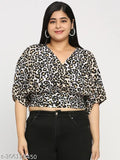 Animal print polyester smart casual crop top, short sleeves, smocking band, V-neckline, India origin