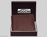 Brown faux leather men's bi-fold wallet with 11 card slots, 2 transparent card slots, 2 cash compartments, and coin slot. Solid design, free size (11cm x 9cm), snap button lock. Indian craftsmanship