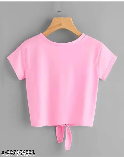 Trendy pink knot crop top & t-shirt for women, BTS printed Lycra with short sleeves, size S (32in bust, 18in length)
