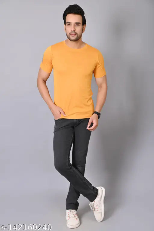 Mustard polyester active regular fit men's sports t-shirt with short sleeves, country of origin: India
