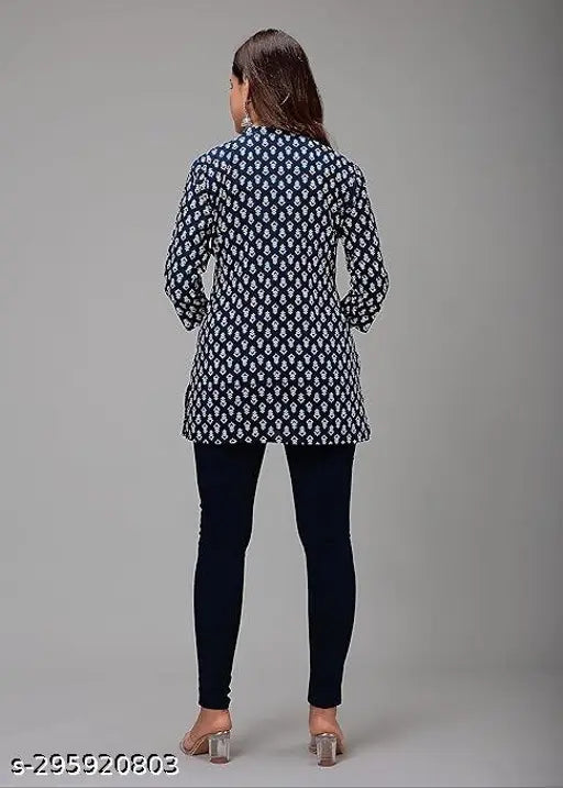Indian-origin Bagru print cotton kurti with three-quarter sleeves, perfect for women's fashion