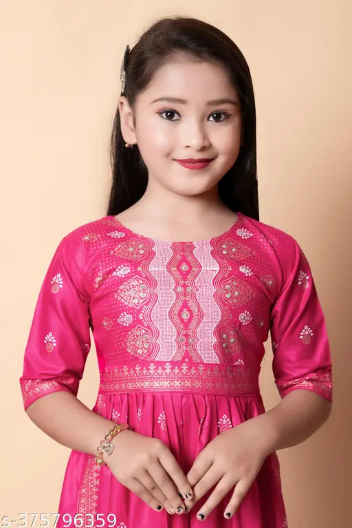 Pink rayon 3/4 naira cut kurta, printed net, kids clothing, Indian fashion accessory