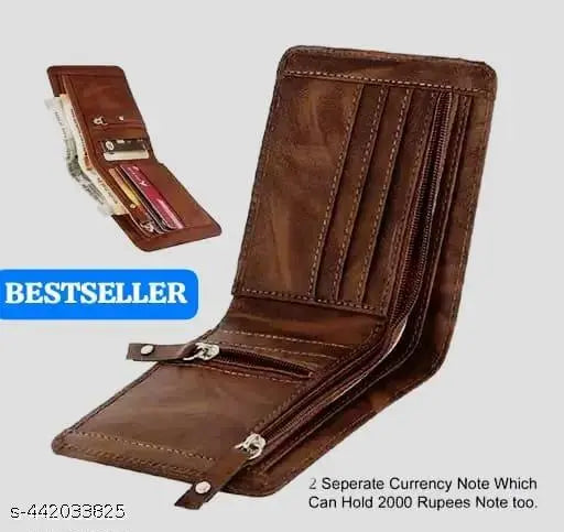 Brown two-fold canvas and leather STYSHOP Classic World Men's Wallet, 5 card slots, slim design, free size (10cm x 11cm)