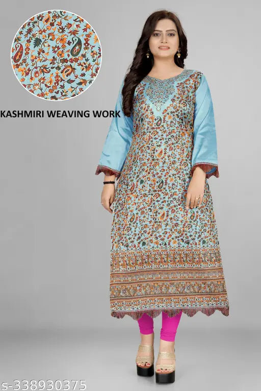 Pashmina silk Kurta with Kashmiri work, soft jacquard weaving for women's daily/office/casual/festive wear. Long sleeves, self-design, exclusive plus sizes available. Made in India