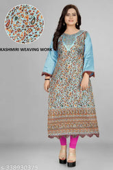 Pashmina silk Kurta with Kashmiri work, soft jacquard weaving for women's daily/office/casual/festive wear. Long sleeves, self-design, exclusive plus sizes available. Made in India