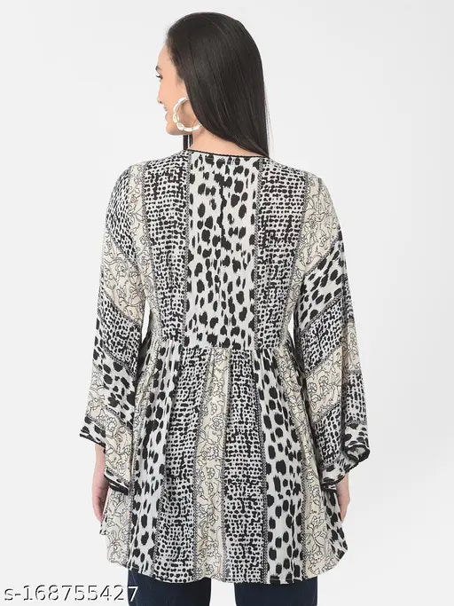 Veldress black & white rayon crepe top, three-quarter sleeves, printed pattern on Indian-made clothing